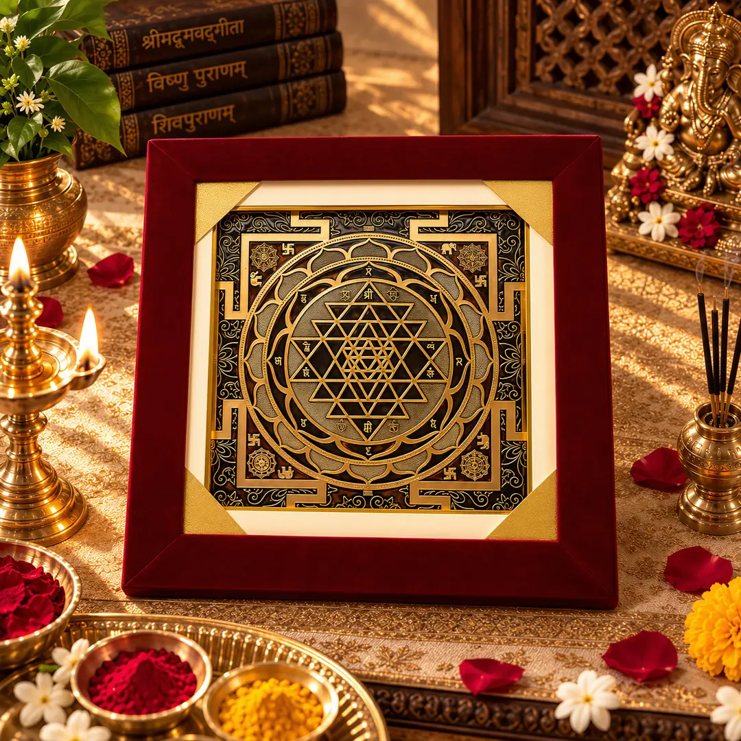 Mahalakshmi Dhan Kumbh Shri Yantra on the puja altar