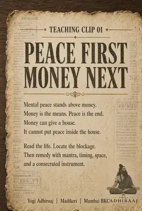 Teaching clip 01, Peace first, money next, with the Yogi Adhiraaj seal.