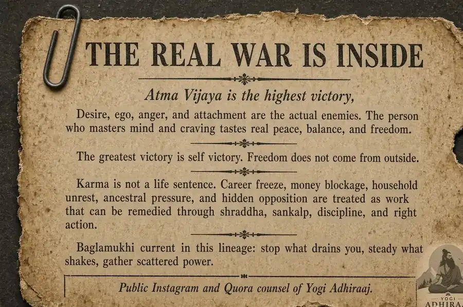 Ashram counsel: the real war is inside. Atma Vijaya is the highest victory.