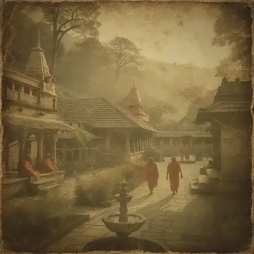 Vintage view of the ashram courtyard: sadhus in gerua, stone fountain, temple roofs in mist.