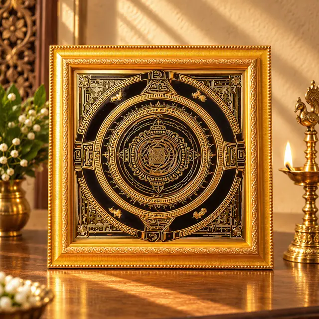 Gruh Yantra in a gold frame, ashram consecrated
